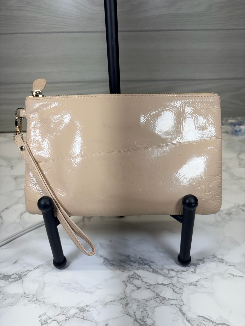 Neutral Patent Leather Wristlet Clutch - Beige